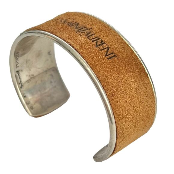AUTH VTG Yves Saint Laurent YSL Sterling Silver Suede Leather Logo Cuff Bracelet - Picture 8 of 16